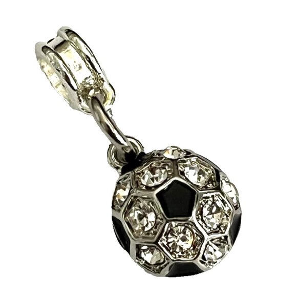 Crystal Soccer Ball European Bead Slider Charm for Bracelet Silver Tone Enamel - Picture 1 of 6
